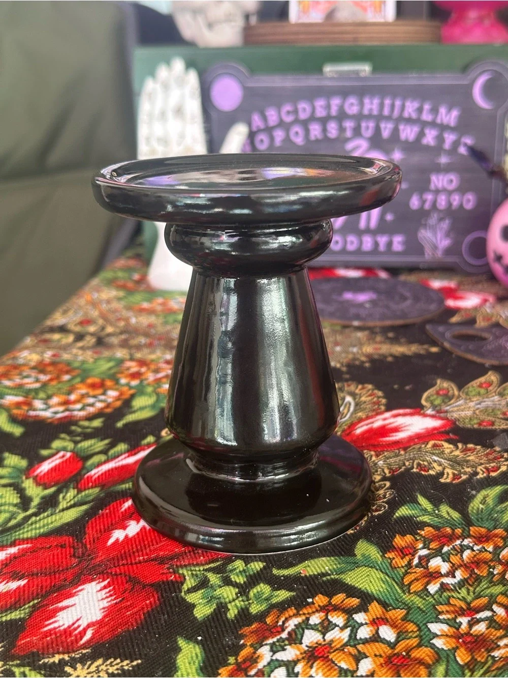 Black Ceramic Pillar Candle Holder | Gothic Altar Décor